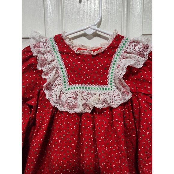 Bryan Vintage Floral CHRISTMAS DRESS Girls Size 5 Red Green Holiday Ruffle 1980s - Picture 2 of 8